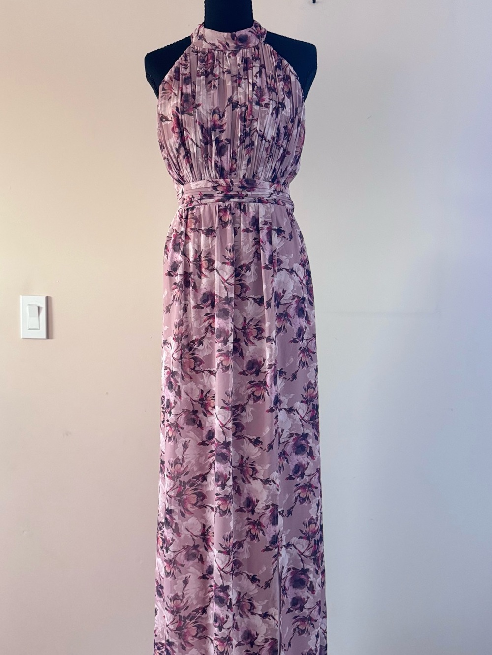 Little Mistress Mauve Pink Floral Halter Maxi Dress With Tie Waist
